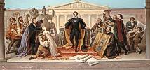 Wilhelm von Kaulbach (1804 - 1874) König Ludwig I., umgeben von Künstlern und Gelehrten, steigt vom Thron, um die ihm dargebotenen Werke der Plastik und Malerei zu betrachten, 1848